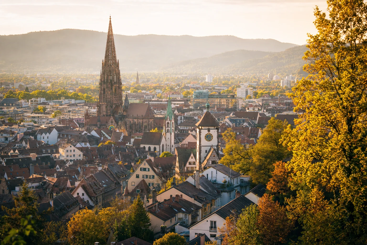Blick über Freiburg im Breisgau mit dem Münster im goldenen Morgenlicht